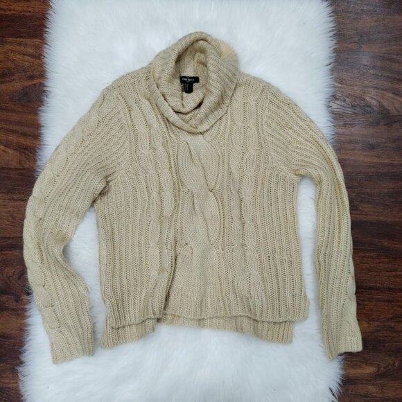 Forever 21 Cable Knit Cowl Neck Sweater Beige Cropped M/L - Picture 2 of 8